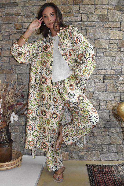 Riad Nights Longline Belted Duster Shirt Green